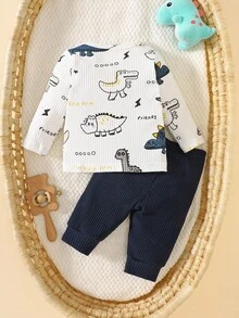 SHEIN 新生男宝宝白坑图案卡通恐龙图案印花拼接绿口袋长袖上衣配绿裤两件套可爱休闲运动时尚新款 - 寶藍色 - 查看 3