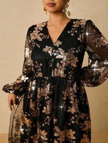 SHEIN VCAY Plus Size Sequin V-Neck Romantic Party Dress, Autumn/Winter Party Dress,Christmas - Black - View 7