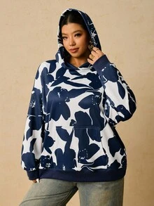 SHEIN VCAY sweat-shirt à capuche imprimé silhouette florale bleu et blanc grande taille pour femmes, pull ample à manches longues pour l'automne/l'hiver
