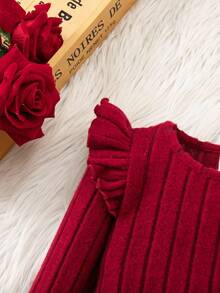 优雅可爱的宝贝女孩红色蝴蝶结针织长袖连衣裙 - 酒紅色 - 查看 6