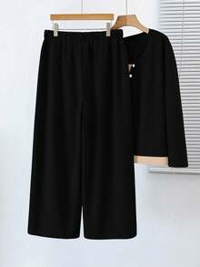 SHEIN LUNE Setelan Kasual Wanita Ukuran Besar Musim Gugur Lengan Panjang Kancing 2 In 1 Atasan dan Celana Panjang Lebar - MultiWarna - View 7