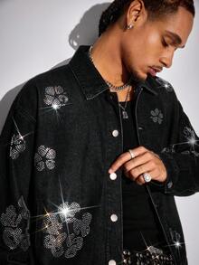 ROMWE MEN Grunge Punk Men's Rhinestone Decor Front Button Casual Long Sleeve Denim Jacket