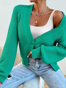 SHEIN Cottnline Single Breasted Ribbed Knit Cardigan - Dark Green - View 3