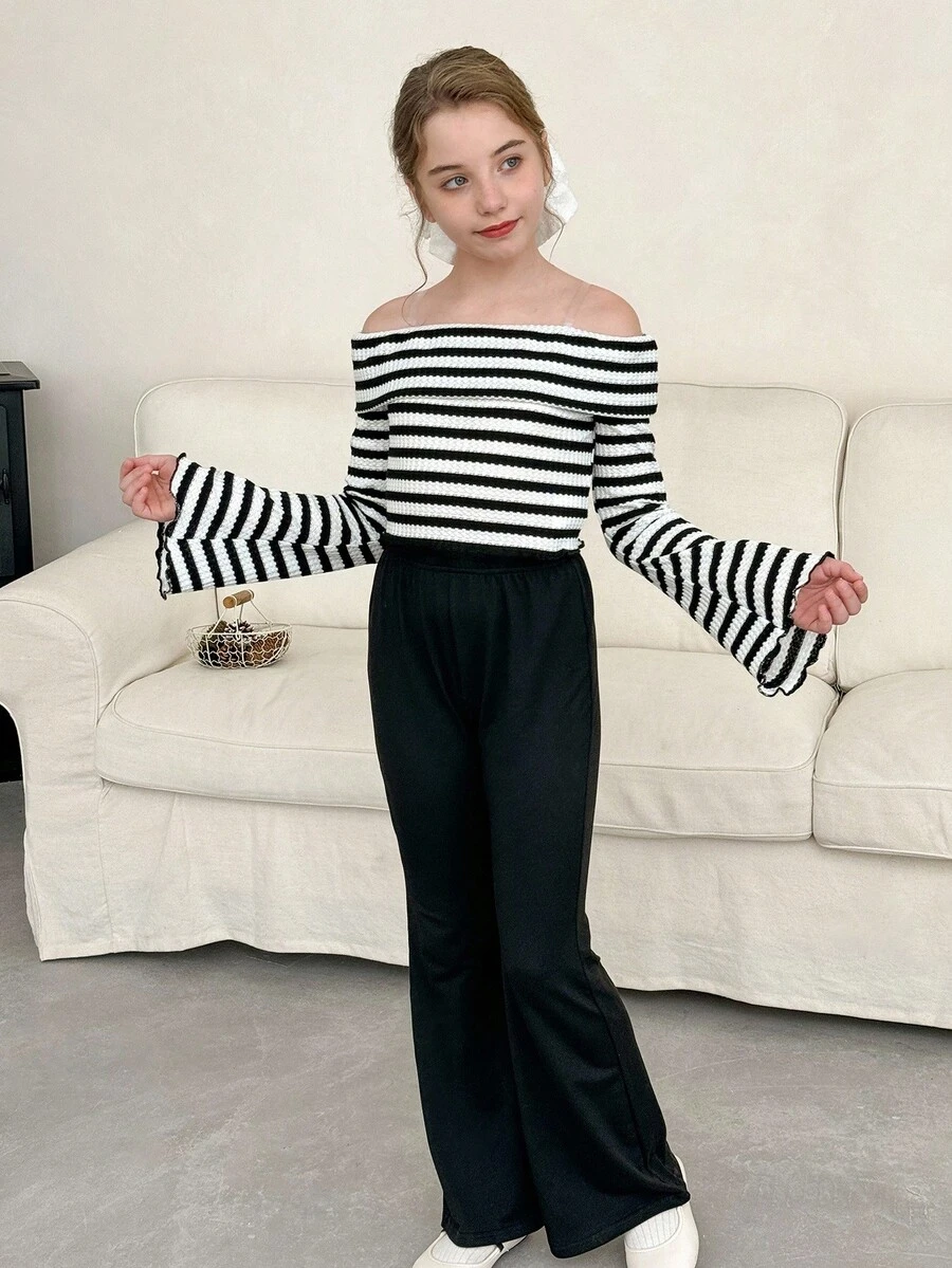 LMoss Kids LMoss  2pcs Tween Girl Knit Striped Off-Shoulder Casual T-Shirt And Flare Pants Set Teen Girl Pants Set Tween Girl Bell Bottom And Top Set Girls Bell Bottom Outfit Tween Girl Wide Leg Pants,Jumpers,Winterclothes For Kids,Autumn Outfit,,Teen Girls Outfit Sets Fall - Black and White - View 1