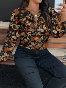 EMERY ROSE Casual Elegant Maple Leaf & Floral Pattern Round Neck Long Sleeve Plus Size Blouse, Black,Autumn,Boho, Formal Chic Brown Blouse,Fall - Multicolor - View 4
