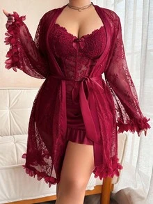 SHEIN 1 Set Plus Size Lace Robe With 3D Floral Decor + Plus Size Lace Camisole Slip Dress With Waist Cinching Design Lingerie Robe Set Burgundy Lingerie Set Lingerie With Sleeves Maroon Lingerie