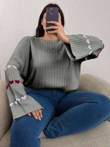 EURMUSE Heart Patterned Flared Sleeve Ribbed Knit Sweater - Multicolor - View 4