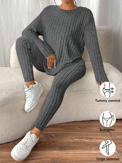 SHEIN Frenchy Drop Shoulder Ribbed Knit Tee & Leggings Textured Fabric Two Pieces,Cozy Fall And Winter Clothes For Women Casual Spring