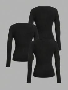 SHEIN EZwear 3 件套女士深 V 领紧身休闲长袖 T 恤套装，适合秋冬季 - 黑色 - 查看 2