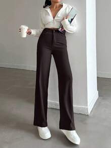 EURMUSE 100%Cotton HIGH RISE BEIGE WIDE LEG PETITE SIZE JEAN - Dark Grey - View 5