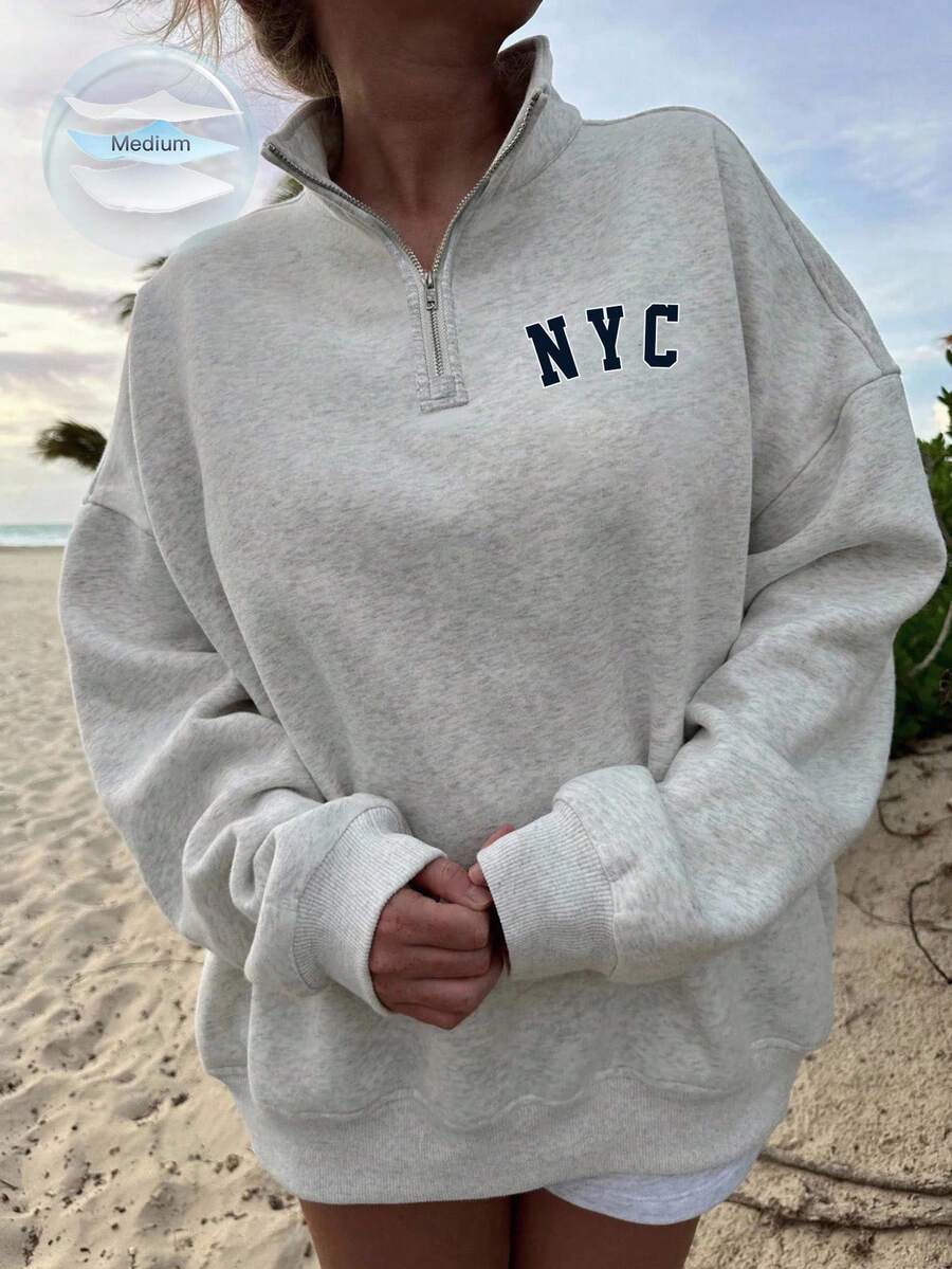 SHEIN EZwear 女式休闲简约纽约字母印花宽松半拉链高领连帽衫 - 灰色 - 查看 1