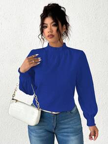 Vionelle 大码纯色按扣领休闲长袖纹理衬衫泡泡袖衬衫优雅白色女式衬衫白色 - 藍色 - 查看 3