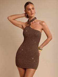 COSMINA Women's Solid Color Halter Neck Sleeveless Fashion Metal Ring Decor Bodycon Dress - Coffee - View 5