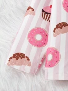 2pcs Baby Girls Soft & Comfortable Flame Retardant Sleepwear Set, Sweet Donut, Cake, Croissant, Cherry All-Over Print, Casual Loose Fit Cardigan & Pants, Autumn/Winter - Pink - View 5