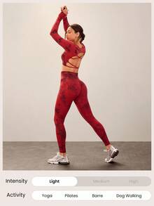 GLOWMODE Seamless Fitted Long Sleeve Crop Tee With Lace-Up Back Light Support Low Impact Yoga Pilates Daily Gym - Redwood - View 7
