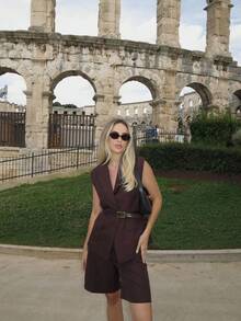 Anewsta 复古风格无袖背心外套 + 高腰短裤（配腰带）两件套女士西装套装，适合夏季、假日、商务休闲、节日