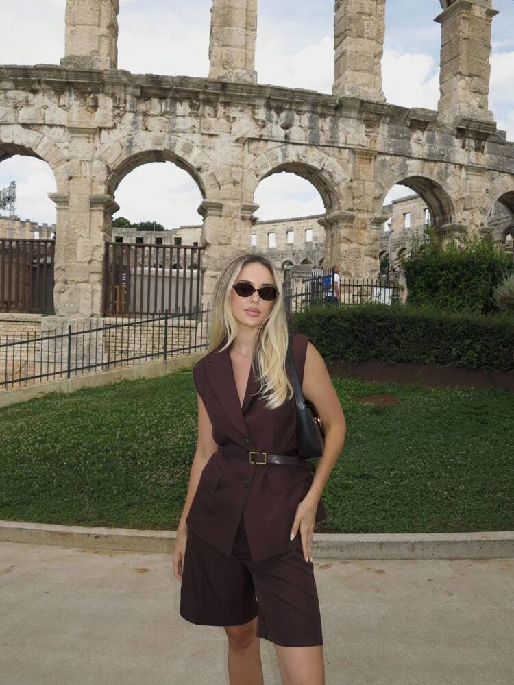 Conjunto de 2 peças com Colete Sem Mangas de Estilo Vintage + Shorts de Cintura Alta com Cinto, Adequado para Verão, Férias, Casual Business, Festival