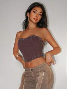 Jeanoix 女士时尚休闲街头复古 Y2K 牛仔上衣 - 棕色 - 查看 6