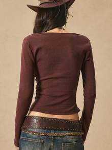 Vintage Boho Nomadic V-Neck Lace Patchwork Ruched Waist Distressed Purple Women Top Old Money Autumn - Purple - View 2