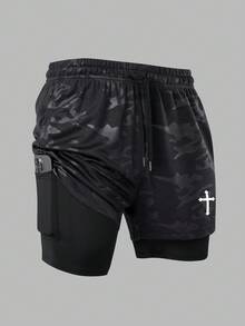 Manfinity Sport Corelite 1pc Boyfriend Style Men's Cross Print Drawstring Waist Sports Shorts, Summer - Black - View 4