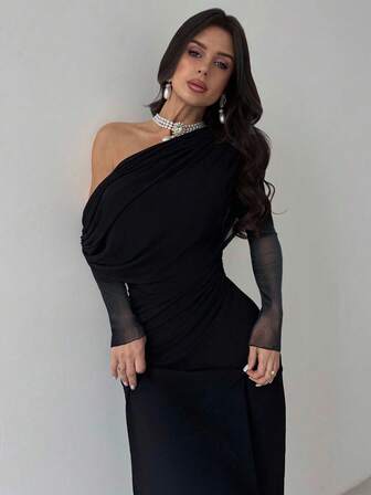 Firerie Sonbahar/Kış Yeni Kadın Şık Asimetrik Omuz Uzun Kollu Pileli Bel Örgü Elbise, Günlük, Parti, Havaalanı, Öğretmen, Gezi, Düğün Konuğu İçin Çok Yönlü Siyah Uzun Elbise