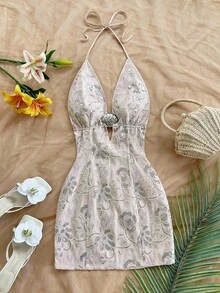 Soleia Women's Summer Vacation Sequin Floral Embroidery Halter Backless Mini Dress - Apricot - View 3