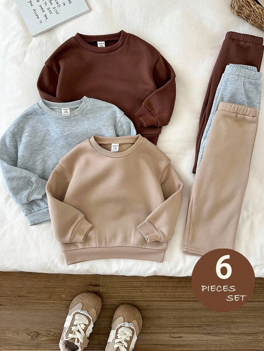 LMoss Kids LMoss 6件套女婴纯色针织圆领休闲卫衣和打底裤套装,婴儿冬季服装,婴儿秋季服装,女婴秋季服装,女婴冬季服装,秋季套装,冬季套装,长袖 - 彩色 - 查看 1