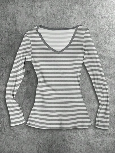 Attitoon Black & Gray Striped V-Neck Long Sleeve T-Shirt, Suitable For Women, Halloween, Goth, Punk, Y2K Style, Streetwear, Vintage, Back To School, Retro, Fall, Casual Outfits, Autumn/Winter, Hip-Hop, Style Core Aesthetic