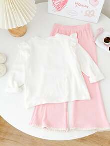Genkimix Kids 2pcs/Set Young Girls Cute Cartoon Strawberry Cake Print Flutter Sleeve T-Shirt And Light Pink Flare Pants,Autumn Family Matching Casual Outfit Set - White - View 2