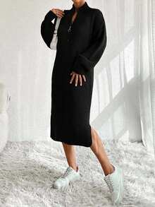 EURMUSE Women Knit Sweater Dress With Zipper Detail - Hitam - View 7