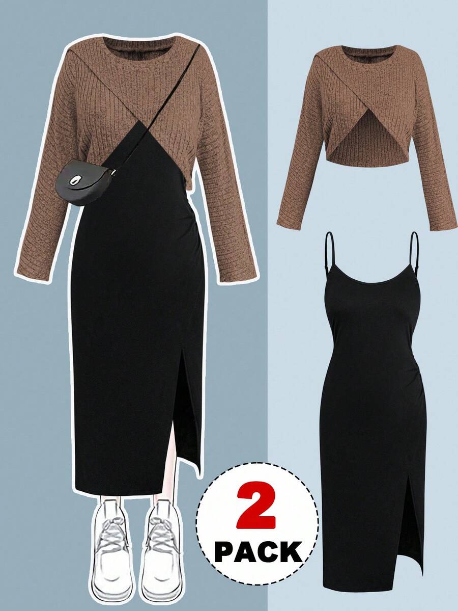 Sweetra Plus Size Autumn/Winter Ribbed Asymmetric Design Top + Spaghetti Strap Pleated Split Contrast Color Dress 2 Pieces Set