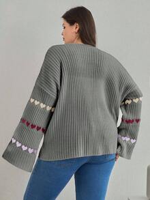 EURMUSE Heart Patterned Flared Sleeve Ribbed Knit Sweater - Multicolor - View 2