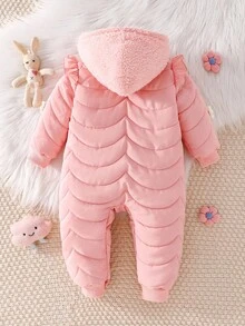SHEIN 女宝宝可爱公主风碎花连帽羊毛连体衣，适合秋冬季外出聚会 - 粉色 - 查看 2