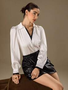 Modelyn Elegant Contrast Color Draping Collar Long Sleeve Shirt - Black and White - View 9