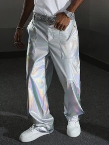 Manfinity EMRG Manfinity Streetrush Men's Silver Niche Design Laser Shiny Loose Straight Leg Trousers, Y2k Reflective Harajuku Rave Disco Holographic Pants, Fall