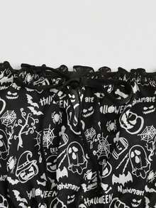 ROMWE Goth 哥特式深色万圣节网眼蝙蝠与幽灵印花露肩系带开裆内衣套装