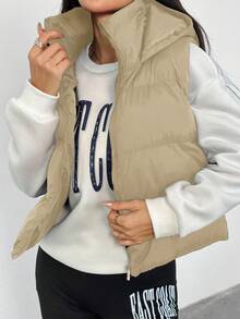 SHEIN Sparklyn Teen Girl Casual All-Match Versatile Daily Warm Autumn/Winter Short Hooded Padded Vest - Khaki - View 4