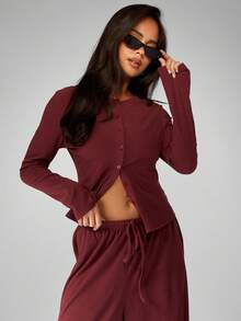 MISSGUIDED 柔软触感酒红色纽扣两件套长袖露脐上衣搭配阔腿裤，休闲家居服，秋冬皆宜 - 鏽棕色 - 查看 6