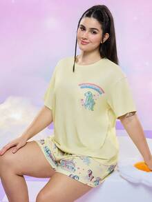 My Little Pony X SHEIN Plus Size Women Summer Casual Cute Cartoon Unicorn & Rainbow Letter Graphic Loose Fit Drop Shoulder Short Sleeve Top And Shorts Pajama Set Pajamas Set Summer For Women