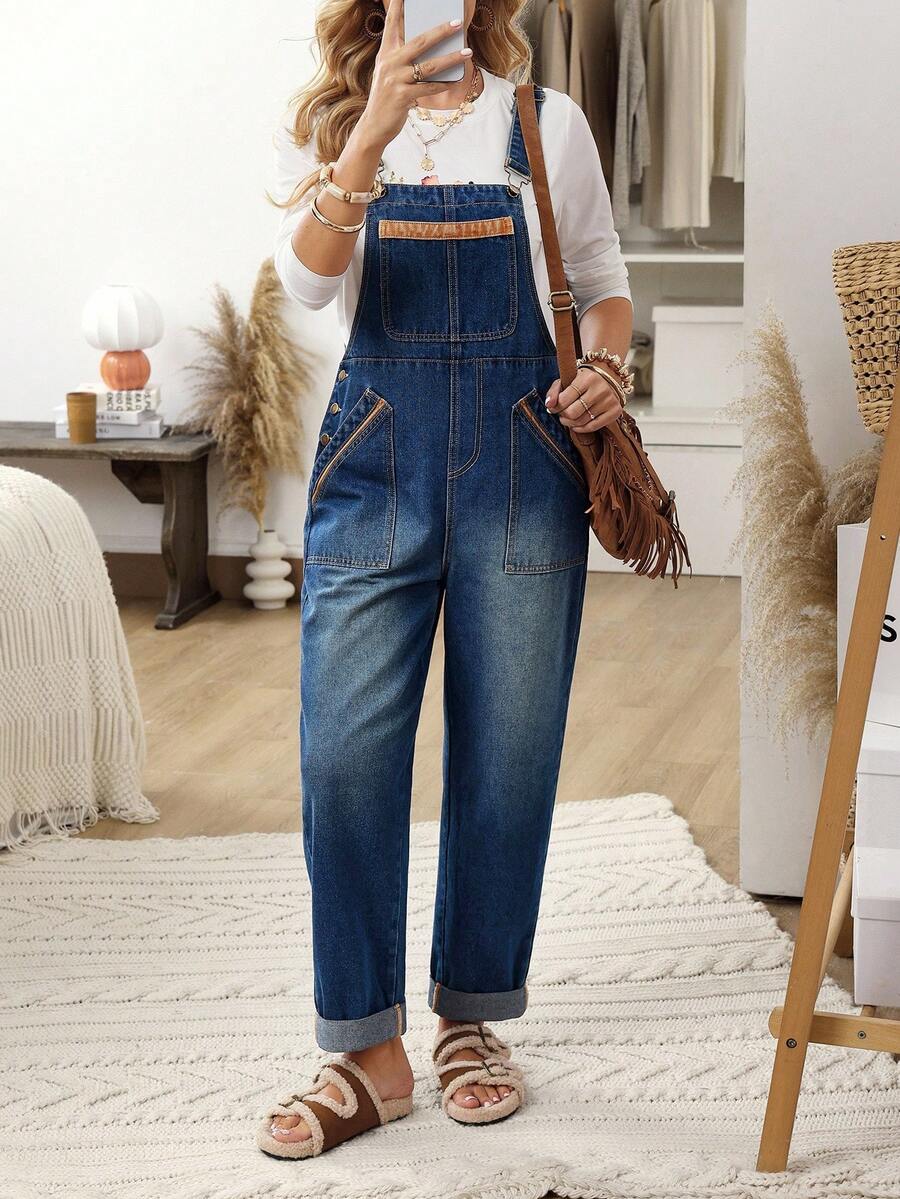 EMERY ROSE 女式时尚无袖百搭休闲牛仔连体裤 - 藍色 - 查看 1