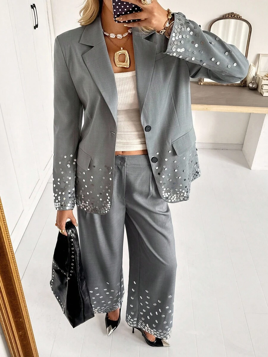 Siren Gaze Áo khoác dạ hội đính sequin dành cho nữ, phong cách công sở thanh lịch mùa thu/đông - Xám - Xem 1