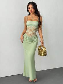 SHEIN PETITE Váy ren xuyên thấu cho nữ, trang phục dự tiệc gợi cảm, trang phục hẹn hò và lễ hội, phù hợp cho mùa thu và mùa đông, có thể dùng làm lớp lót bên trong - màu xanh lá - Xem 3