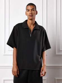 SUMWON Quarter Zip Mock Neck Short Sleeve Polo Classic Regular Fit Casual Office Work Business Minimal Dressy Winter Fall Spring Plain - Black - View 5