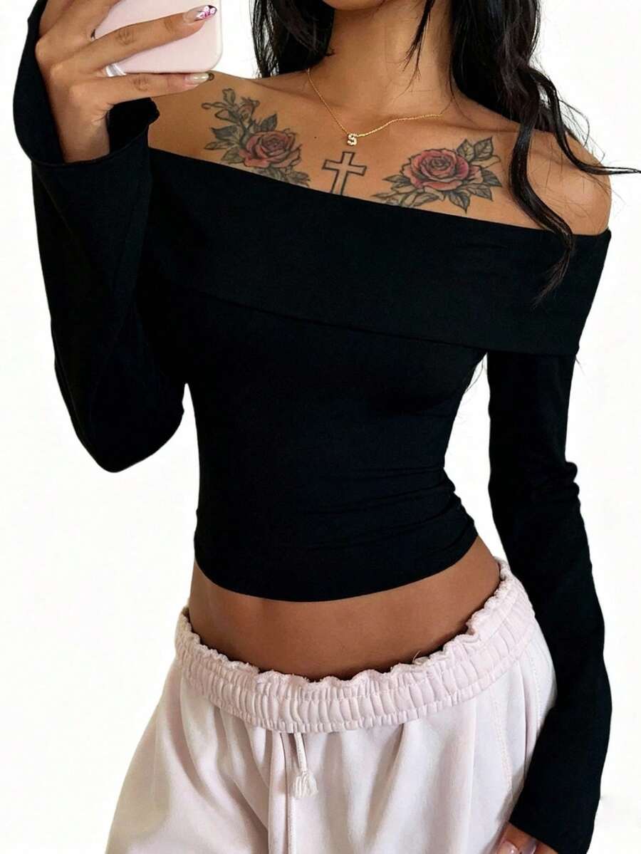 SHEIN EZwear Women's Casual Off Shoulder Long Sleeve Flare Sleeve Bodycon Top, Suitable For Autumn/Winter,Black Tops - Black - View 1