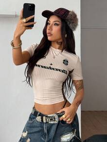 Coolane Áo thun crop top phong cách đường phố Y2K cổ điển dành cho nữ, mọi mùa, lễ hội hòa nhạc Going Out - Màu be - Xem 2