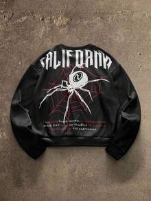 AXEPEAK 男士休闲蜘蛛标语印花套头衫，秋冬 - 黑色 - 查看 3