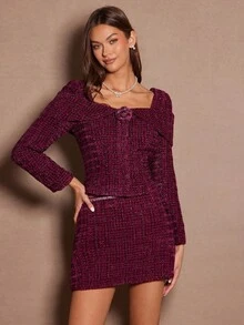 Enchnt 女士时尚优雅方领3D花卉长袖夹克 - 酒紅色 - 查看 2