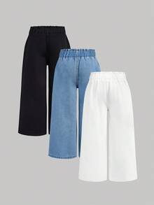 3pcs/Set Girls' Loose Fit Dark Blue, Medium Blue, Light Blue Denim Pants - Multicolor - View 2