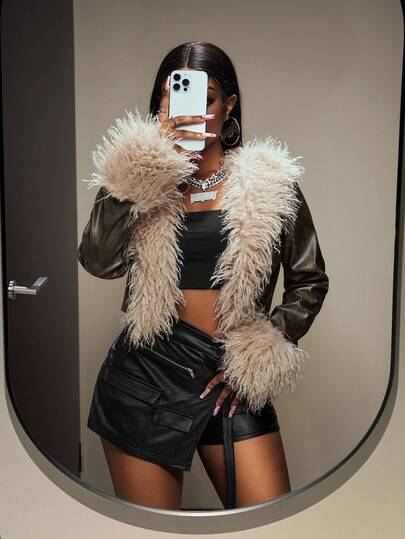 Slaydiva 2025 Autumn And Winter New Street Casual Brown Fitted PU Splicing Fur Collar Long Sleeve Cropped Women Jacket, Suitable For Daily Travel, Commuting, Party Gatherings, Festivals, Travel, Casual Street, Back To School, Hot Girls, Nightclubs-A