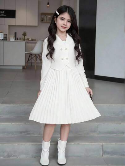 SHEIN 青少年女孩休闲纯色双排扣夹克和连衣裙套装，秋季